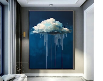 Minimalist Blue Wall Art Cloud Abstract Painting Cloud Wall Art White Textured Painting Minimalist Rain Cloud Canvas Art Navy Blue Wall Art
