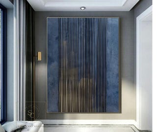 Minimalist Abstract Art, Navy Blue Abstract Painting, Blue Beige 3D Texture, Wabi-Sabi Wall Art, Oil Painting For Living Room