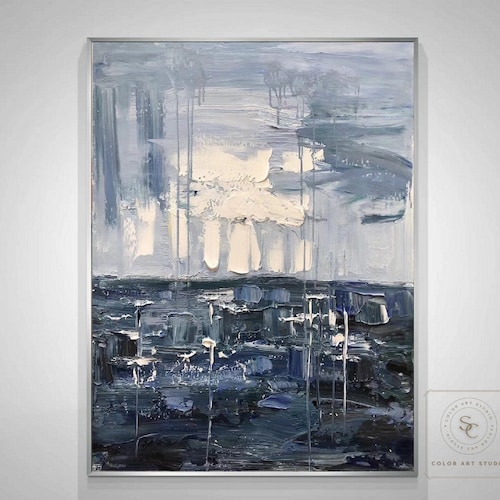 Large white 3d abstract painting blue grey abstract painting blue sea landscape painting white sky abstract painting large texture painting shops