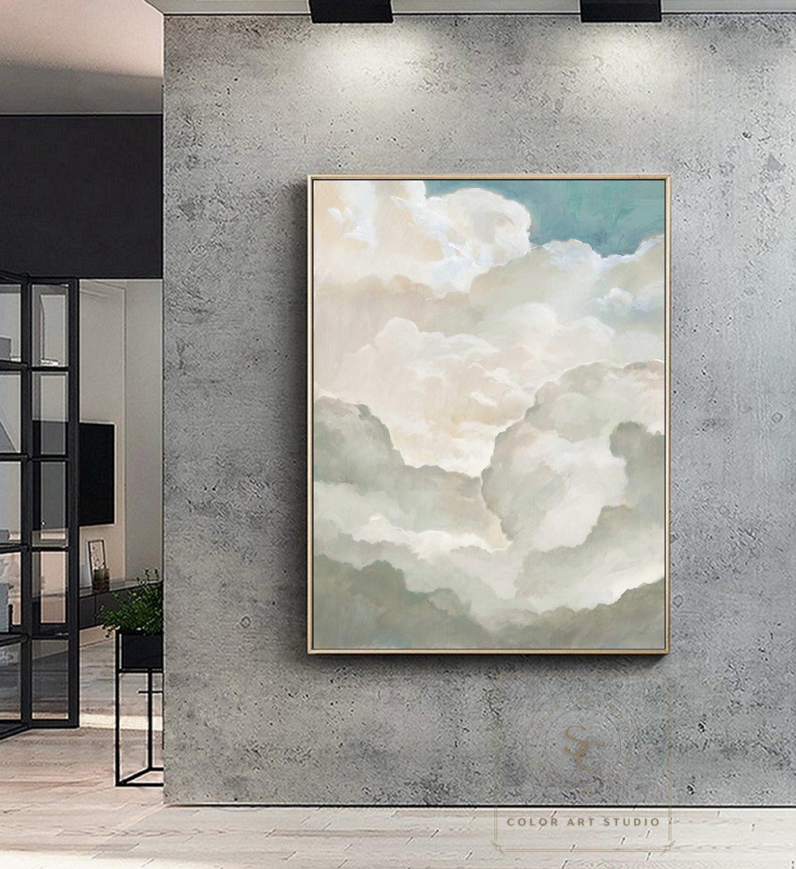 大きな雲の油絵 白い雲の抽象画 曇り空の絵 白い雲の壁アート 雲の