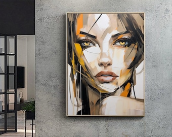 Original Figure Abstract Painting, Woman Face Abstract Art, Large Brown Beige Textured Wall Art, Customizable Portrait Painting