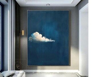 Minimalist Blue Abstract Painting White Cloud Wall Art Navy Blue Wall Art Cloud Abstract Painting Hand-painted Textured Canvas