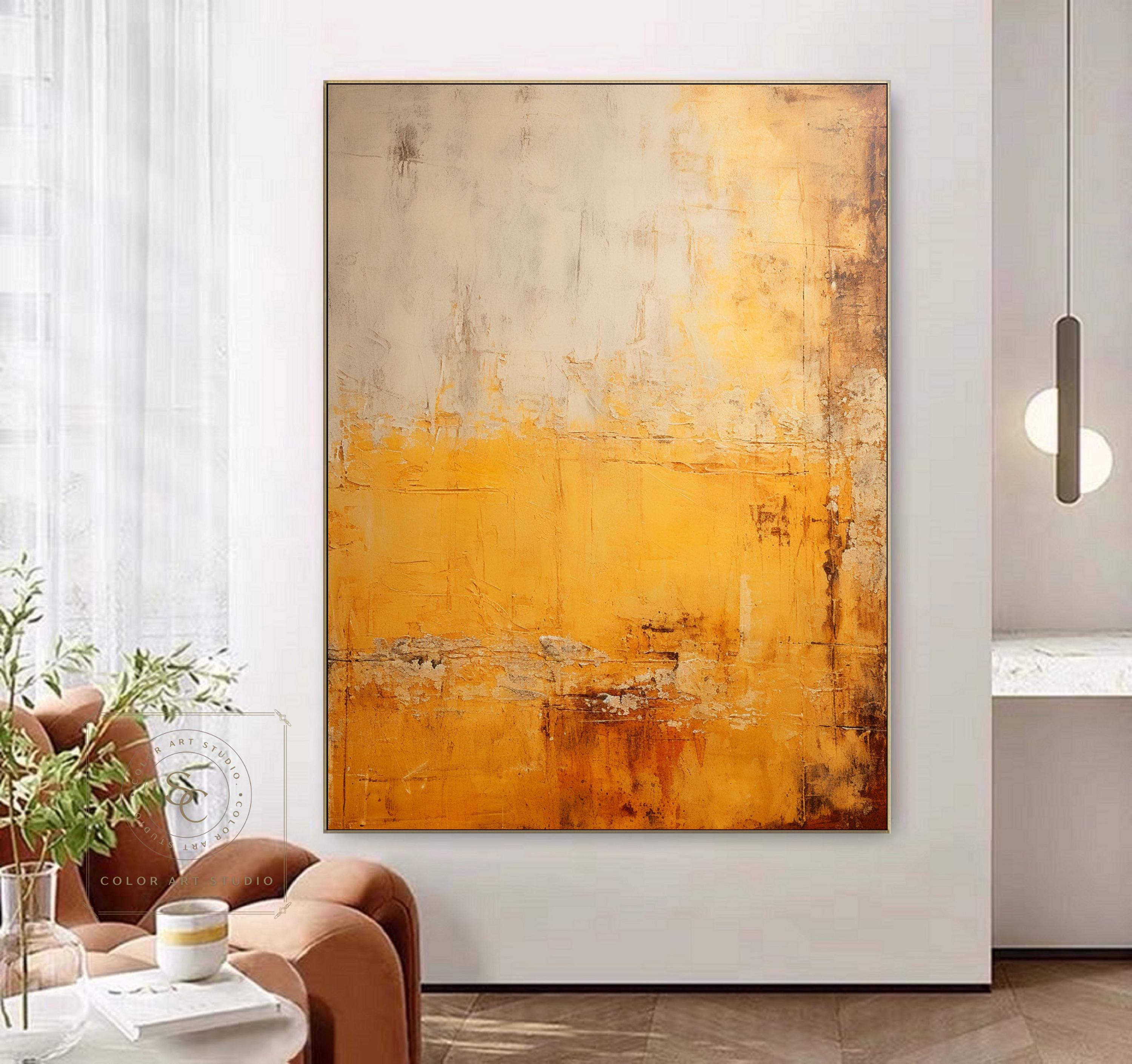 Orange Abstract Oil Painting Beige Textured Wall Art Large Yellow ...