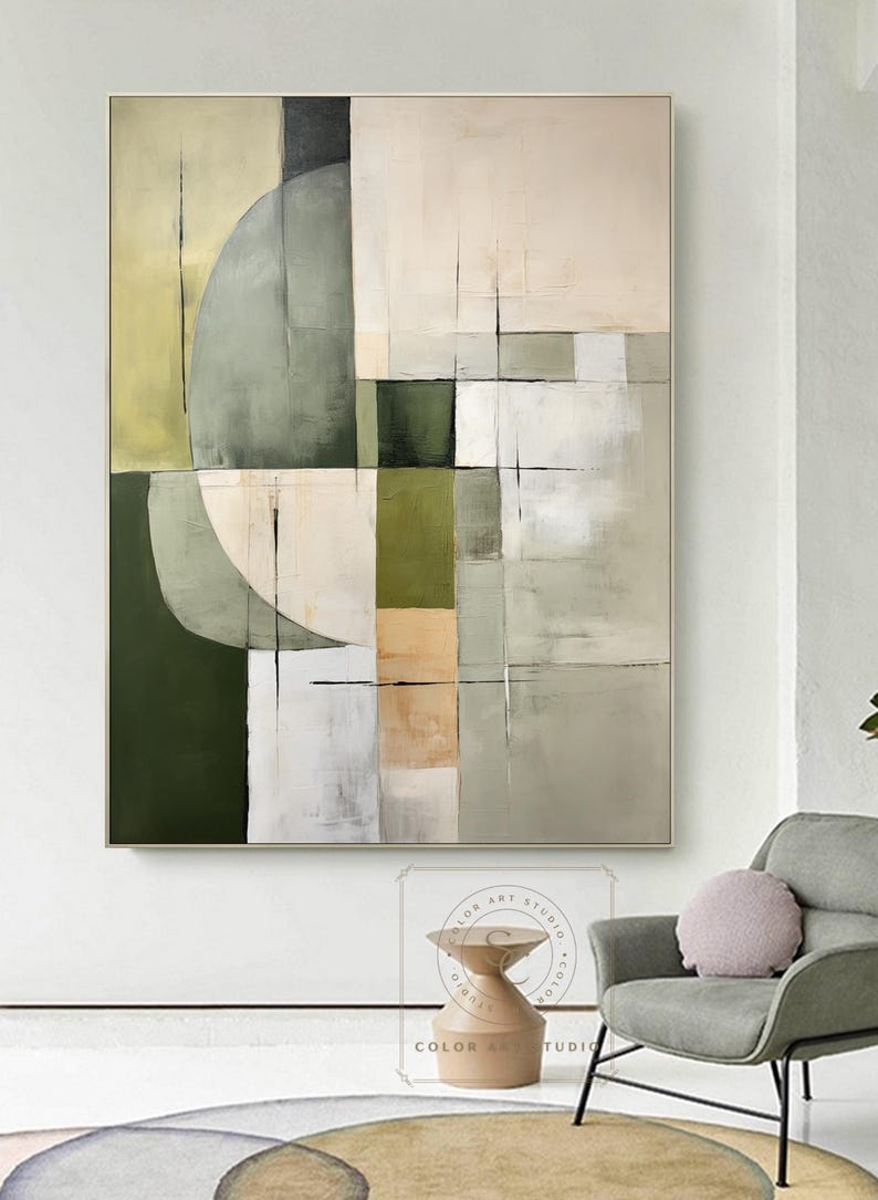 Green Abstract Painting on Canvas Beige Abstract Art Green Minimalist ...