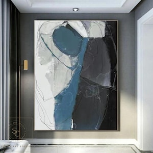 Blue Minimalist Abstract Painting Black White Wall Art Large Abstract Painting Blue Canvas Art Gray Wall Painting Modern Blue Abstract Art