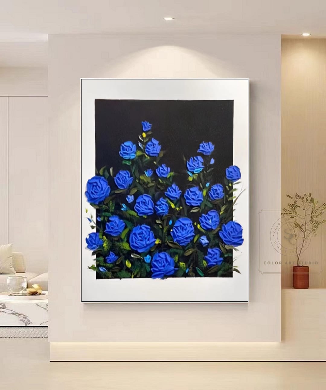 バラの抽象画、青い花の絵、青いバラの絵、大きな花の壁アート、3D