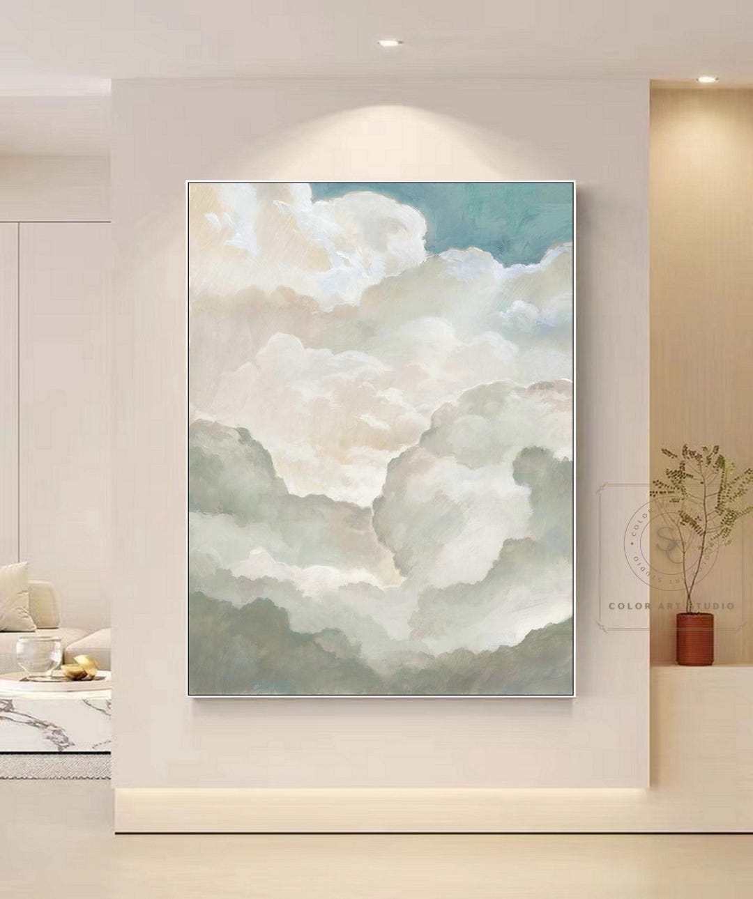 大きな雲の油絵 白い雲の抽象画 曇り空の絵 白い雲の壁アート 雲の