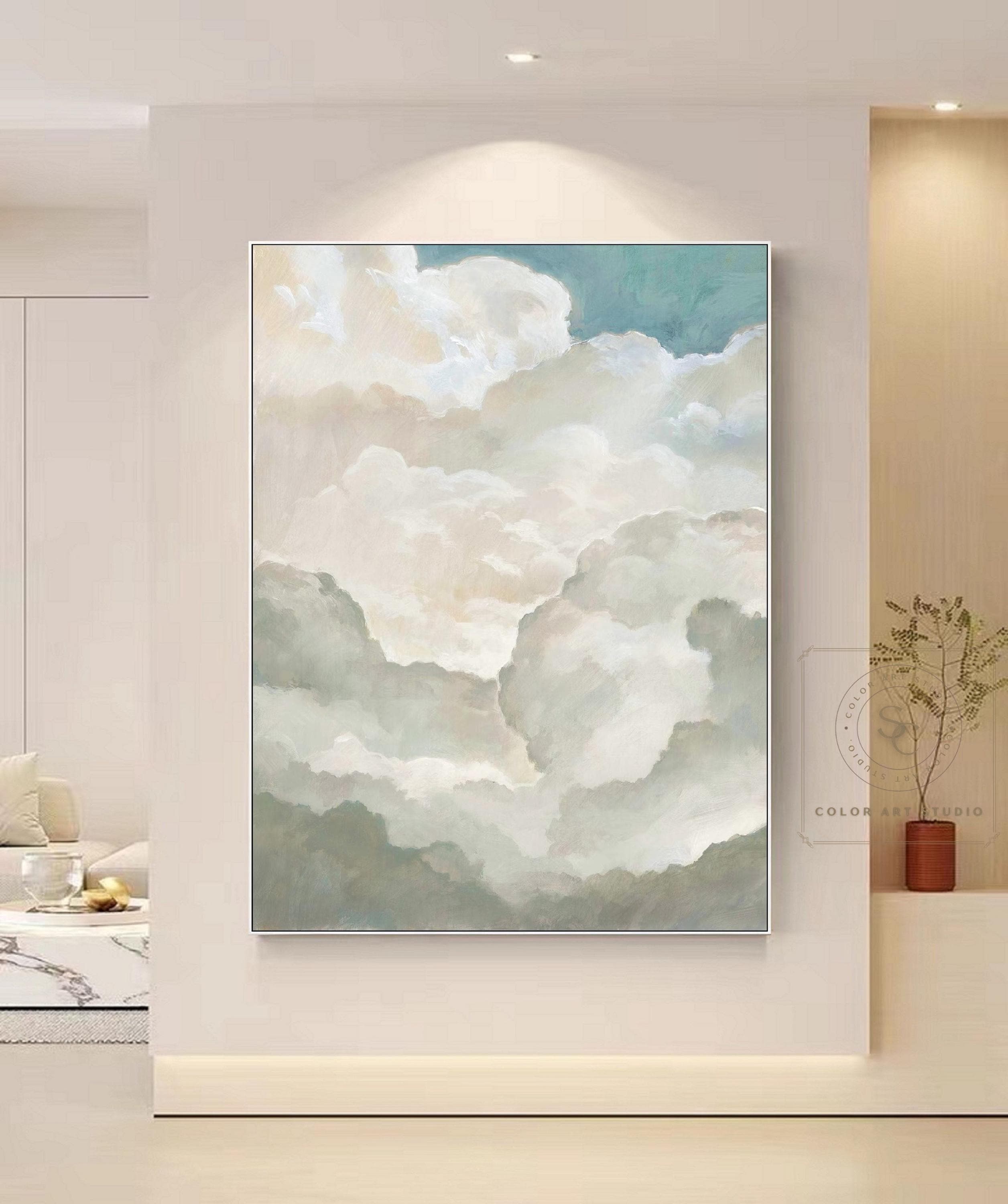 大きな雲の油絵 白い雲の抽象画 曇り空の絵 白い雲の壁アート 雲の