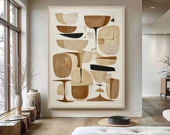 Large Natural Canvas Painting Brown Beige Wall Art Wine Glasses Plates Abstract Art for Dining Room Decor