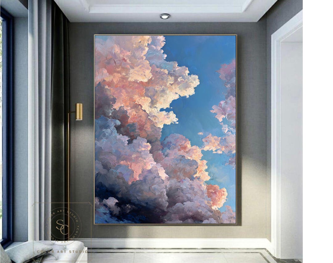 Original Clouds Wall Art Large Cloudy Sky Painting Pink Cloud Abstract ...