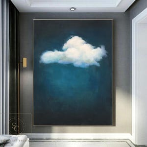 Large Blue Oil Painting Blue Abstract Painting on Canvas Original Cloud Abstract Painting Minimalist Abstract Art White Cloud Wall Painting
