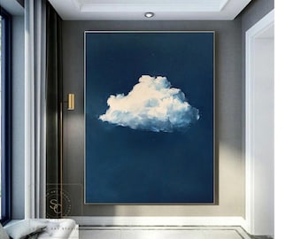 Minimalist Cloud Wall Art Navy Blue Abstract Painting Large Cloud Painting White Cloud Painting Original Blue Wall Art Blue Canvas Painting