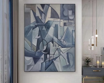 Blue Geometric Abstract Painting: Large Canvas, Bohemian Wall Art