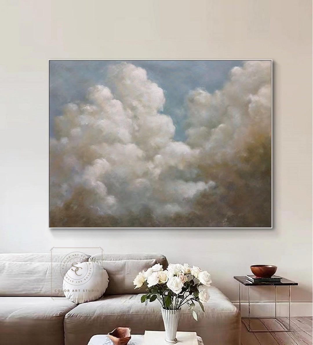 絵画 895 油絵/抽象画風/空・雲/S6号 白い雲の油絵 大きな雲の壁アート オリジナルの曇り空の絵画 白い雲の