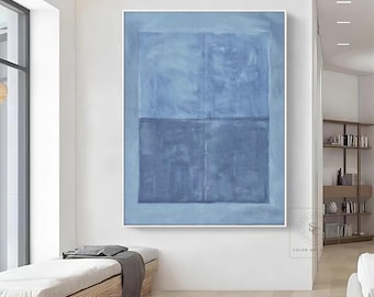 Minimalist Blue Painting, Gradient Color Abstract Canvas, Large Hand Painted Boho Artwork, Living Room Wall Decor
