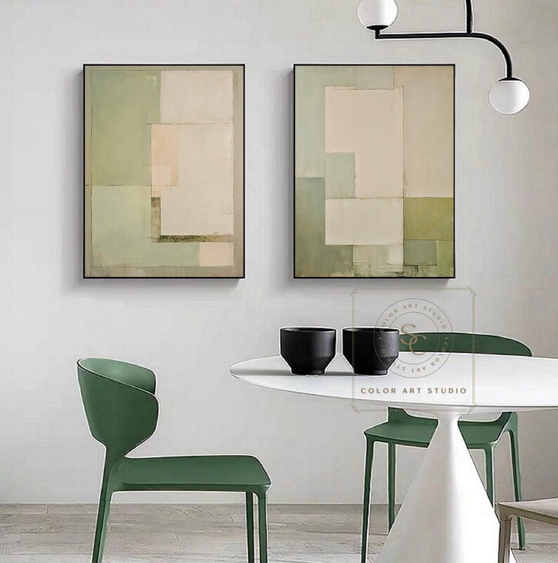 Minimalism Beige Wall Painting, Green Abstract Art, Set of 2 Wabi-Sabi Wall Art, Large Handmade Canvas for Home Decor image 2