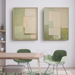 Minimalism Beige Wall Painting, Green Abstract Art, Set of 2 Wabi-Sabi Wall Art, Large Handmade Canvas for Home Decor image 6