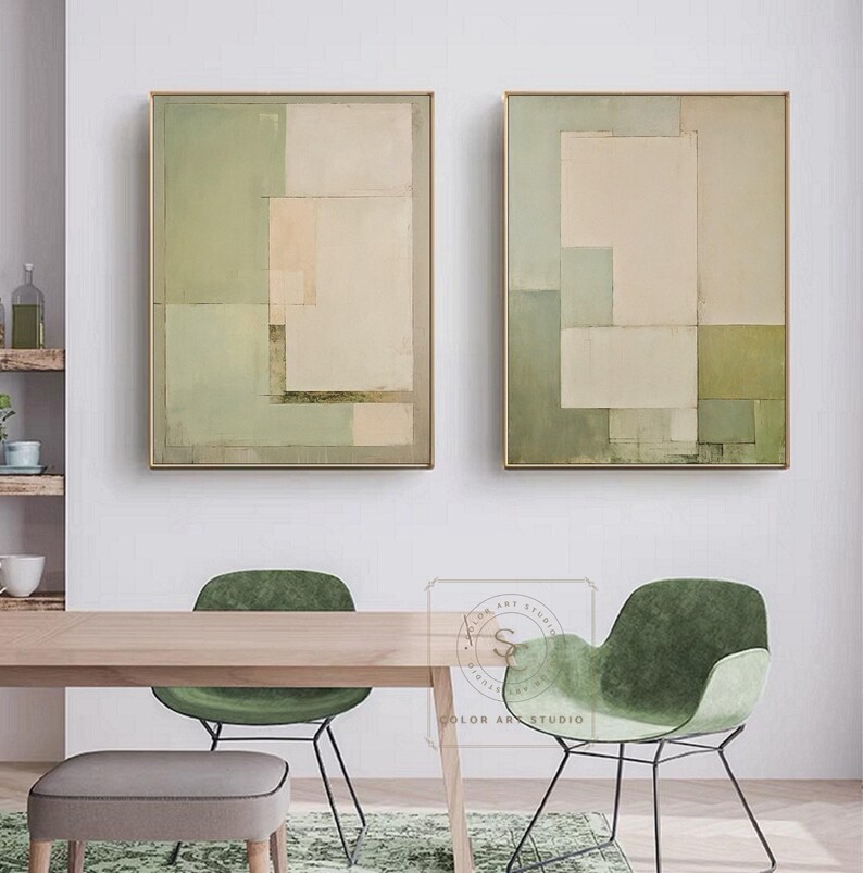 Minimalism Beige Wall Painting, Green Abstract Art, Set of 2 Wabi-Sabi Wall Art, Large Handmade Canvas for Home Decor image 6