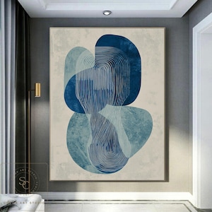 Minimalist Abstract Painting Blue Beige Wall Art Blue Abstract Painting Original Line Art Large Wabi-Sabi Wall Art Beige Textured Painting