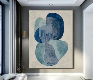 Minimalist Abstract Painting Blue Beige Wall Art Blue Abstract Painting Original Line Art Large Wabi-Sabi Wall Art Beige Textured Painting