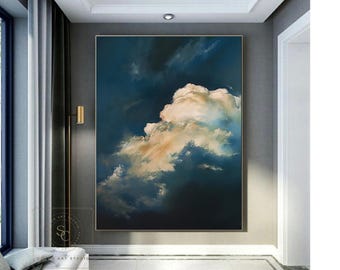 Pintura abstracta de nubes grandes Arte mural de nubes doradas Arte abstracto de nubes original Pintura de cielo azul Arte mural de nubes blancas Pintura de cielo nublado
