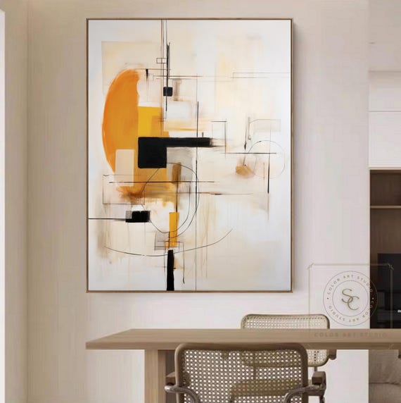 ベージュの抽象画、オレンジ色のテクスチャ画、大きな侘び寂びの壁