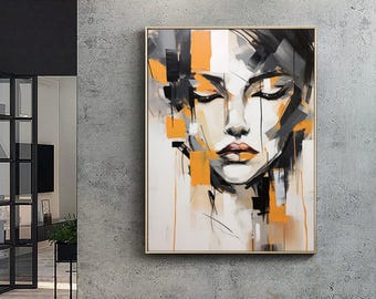May include: A rectangular wall art piece featuring an abstract portrait of a face with closed eyes. The artwork uses a palette of black, white, gray, and vibrant orange brushstrokes, with the text COLOR ART STUDIO visible in the bottom right corner.