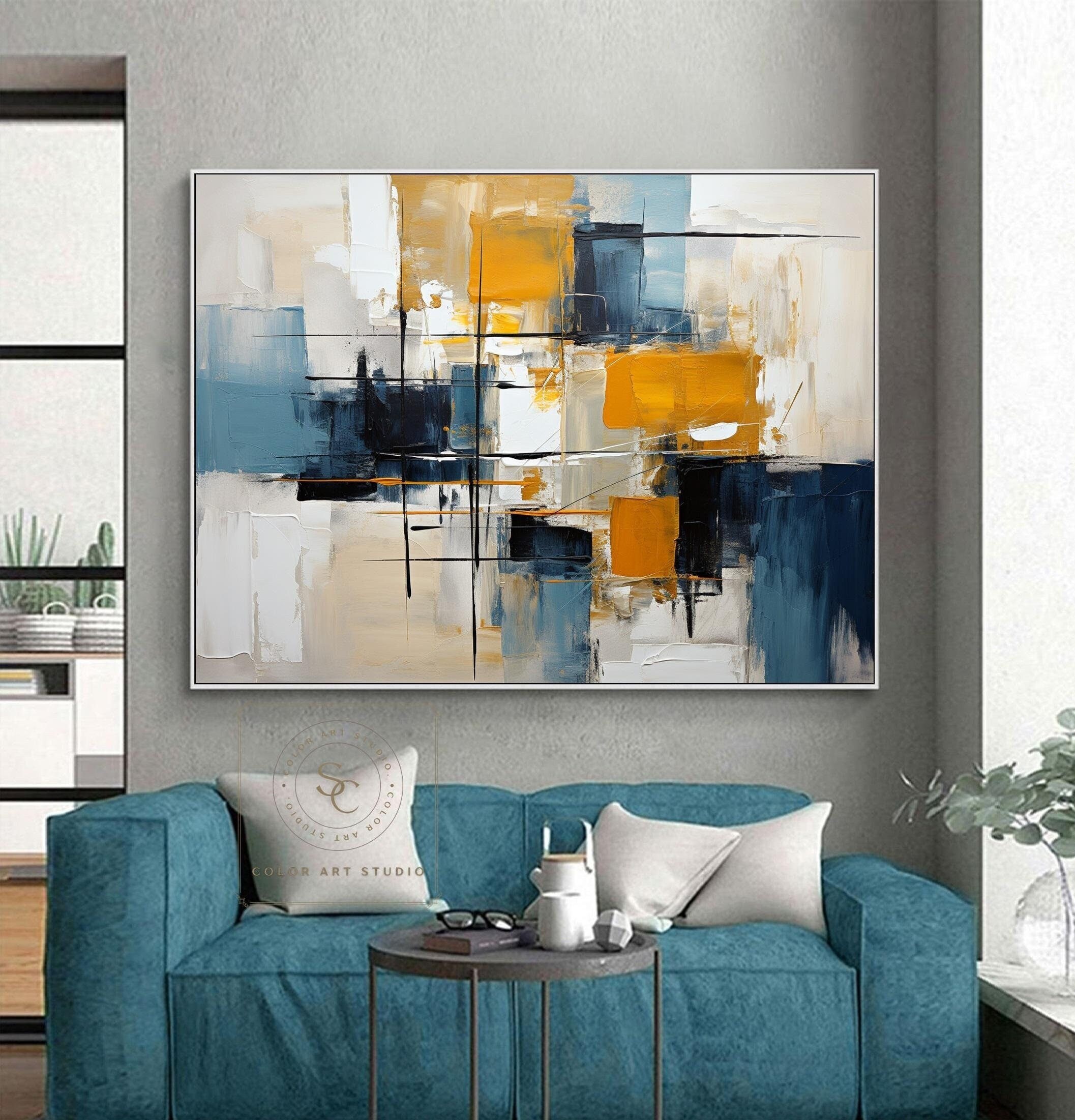 Large Abstract Painting Original Yellow Textured Art Blue Abstract ...