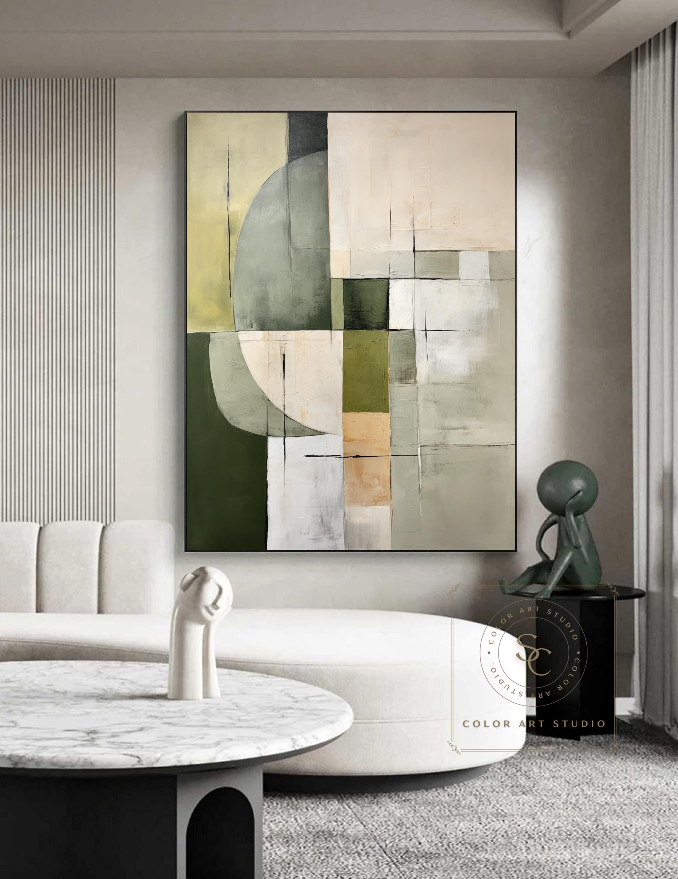 Green Abstract Painting on Canvas Beige Abstract Art Green Minimalist ...