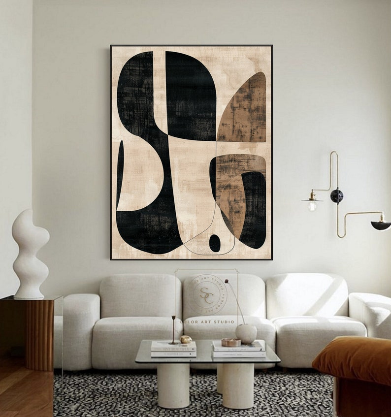 Black Beige Abstract Painting Beige Wall Art Minimalist Wall Art Large ...