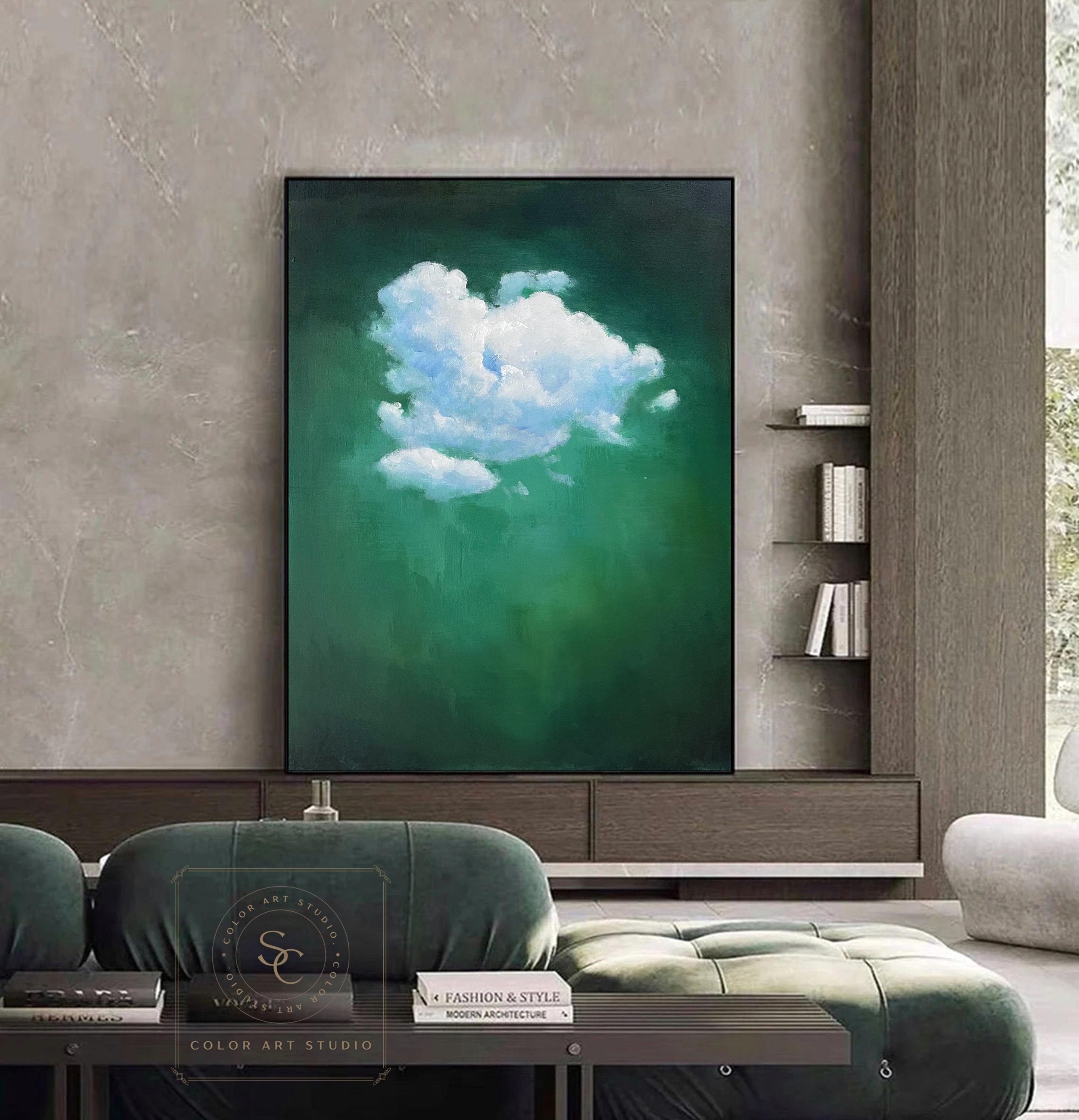 Green Abstract Painting Green Abstract Art White Cloud Oil Painting Green Minimalist Wall Art Cloud Abstract Painting Green Canvas Painting