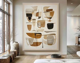 Large Neutral Painting Beige Brown Textured Canvas Geometric Abstract Art Wabi-Sabi Home Decor