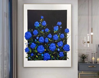 バラの抽象画、青い花の絵、青いバラの絵、大きな花の壁アート、3D