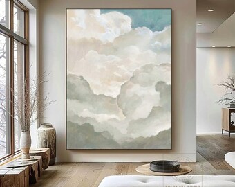 大きな雲の油絵 白い雲の抽象画 曇り空の絵 白い雲の壁アート 雲の