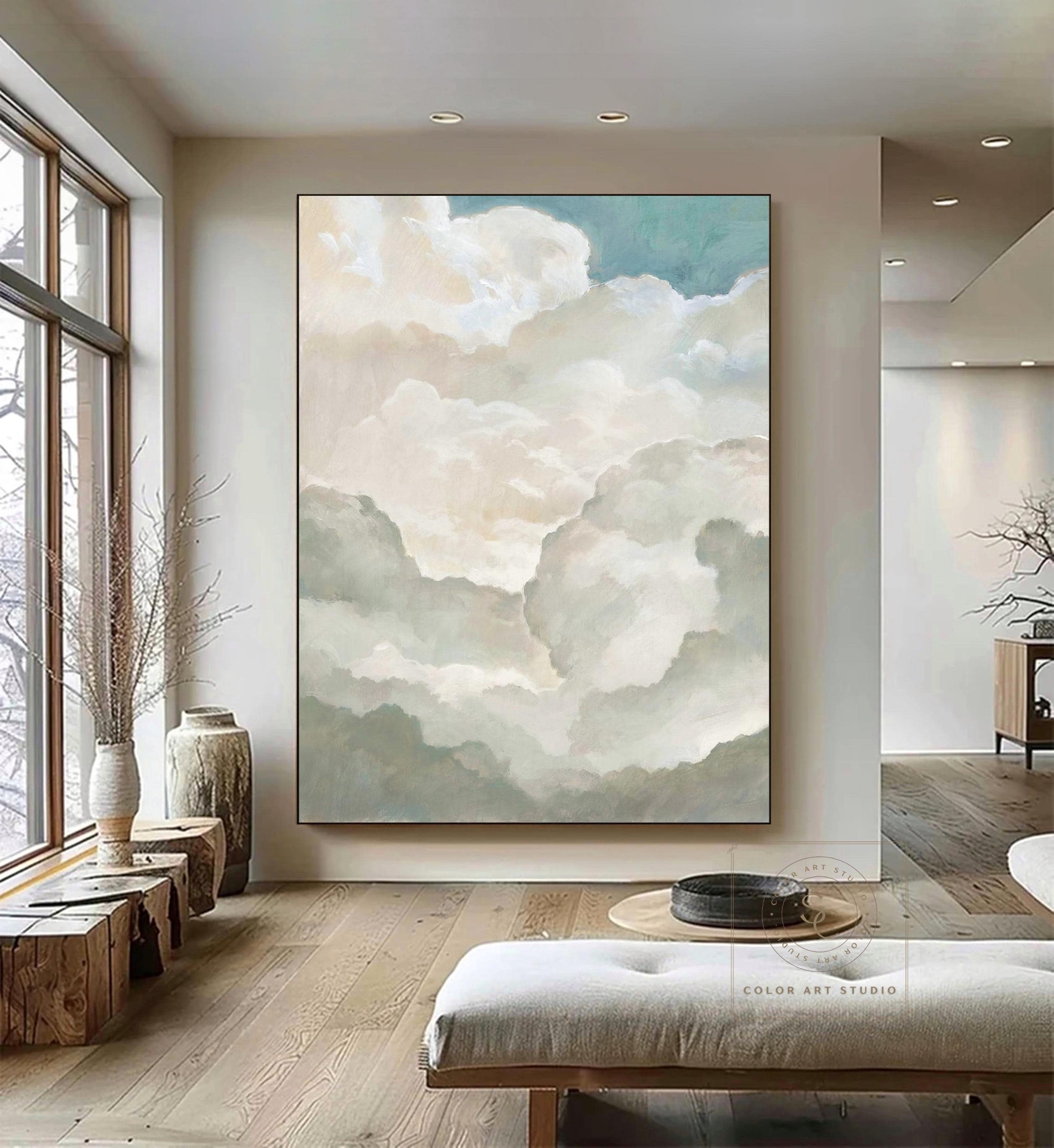 大きな雲の油絵 白い雲の抽象画 曇り空の絵 白い雲の壁アート 雲の