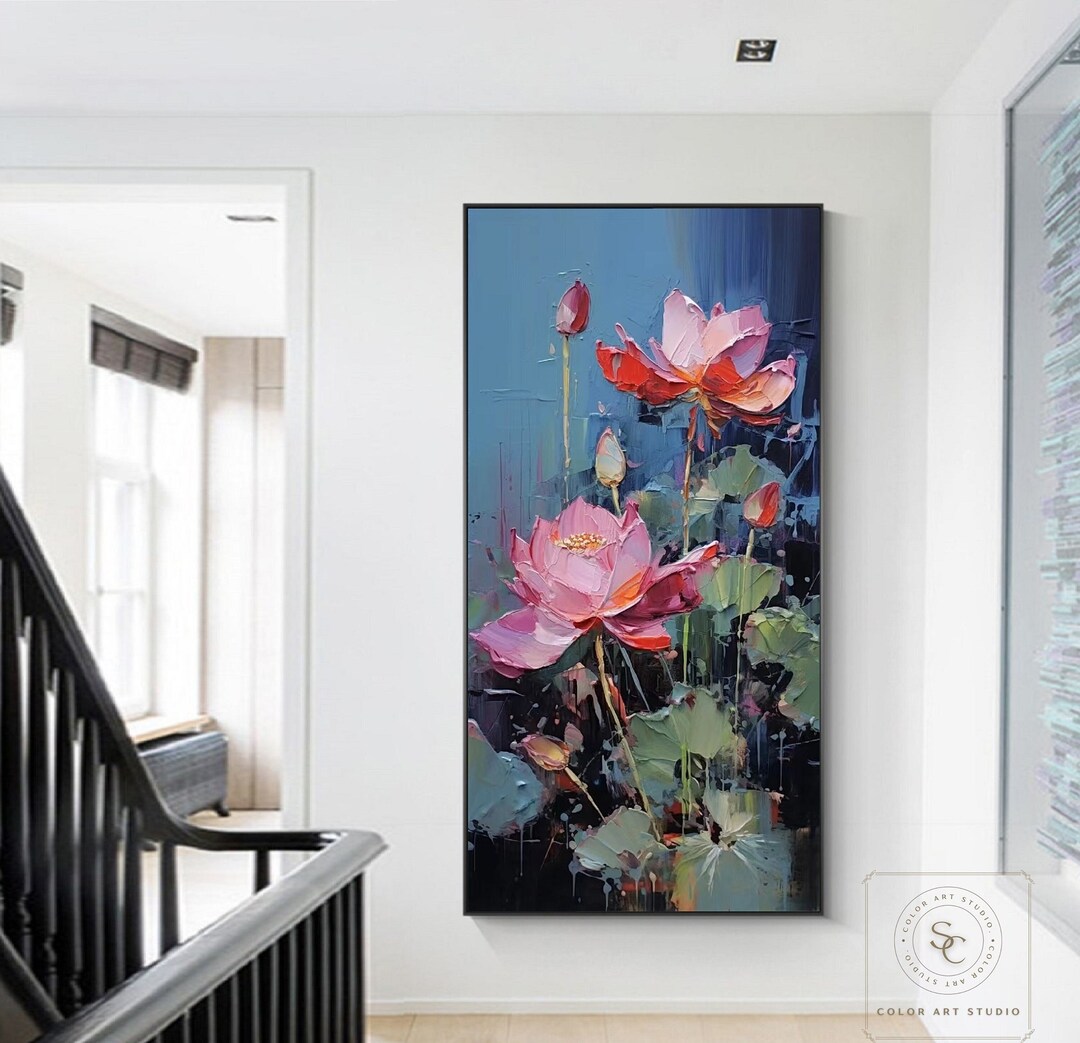 Original Lotus Oil Painting Large Flower Abstract Painting Pink Flower ...