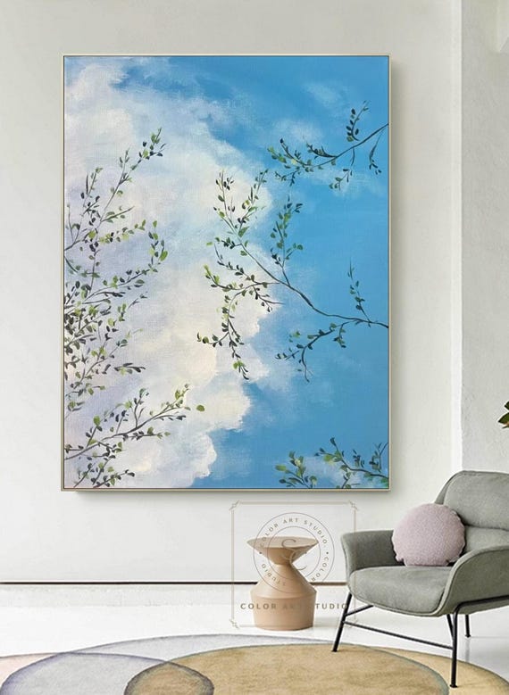 大きな青い空の絵 白い雲の壁画 緑の葉の抽象画 枝の壁画 大きな雲の