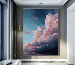 Large Cloud Abstract Art, Cloudy Sky Oil Painting, Pink Textured Canvas, Original Hand-painted Wall Art
