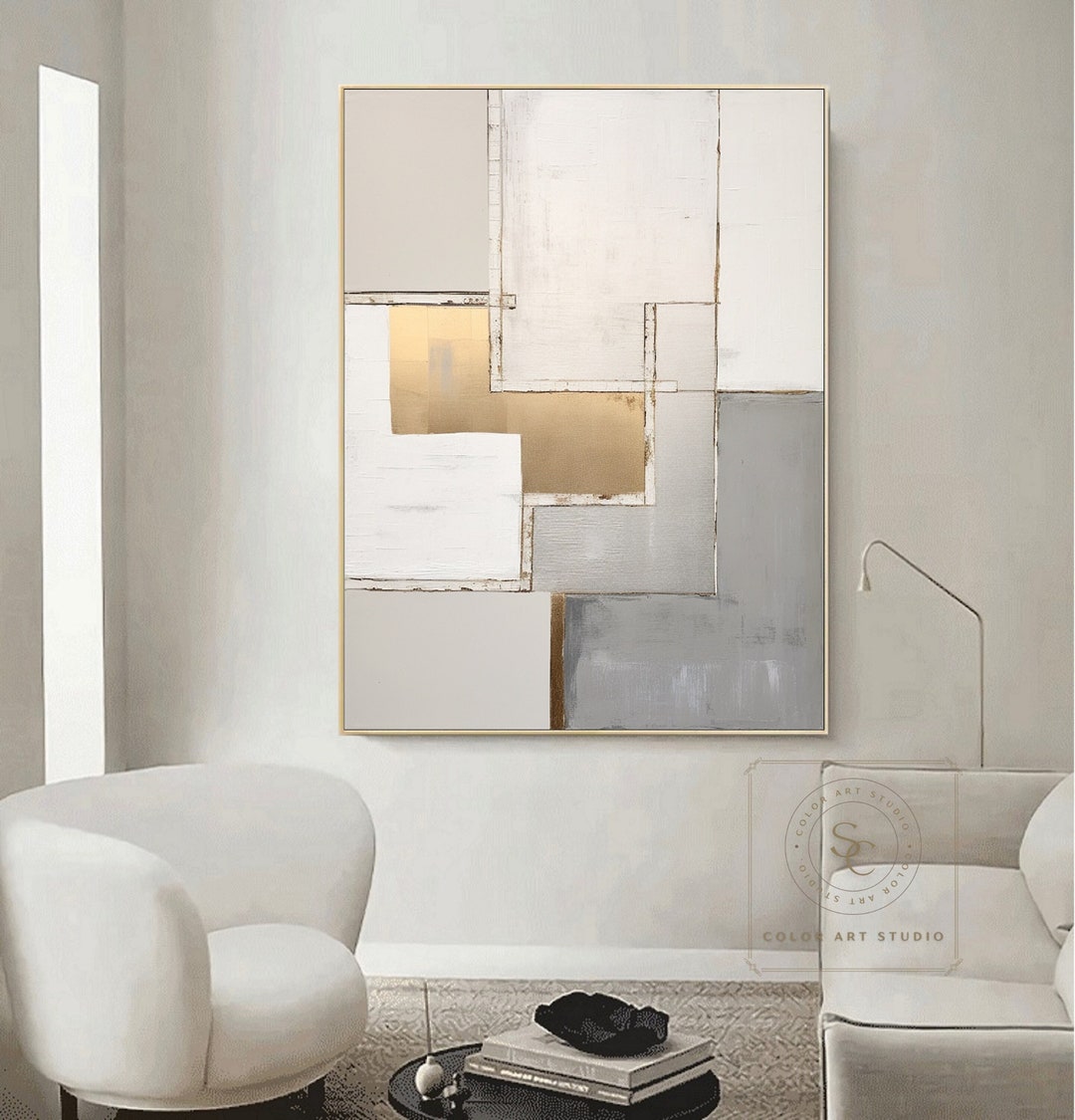 Large Minimalist Painting Gold Textured Art Beige Abstract Painting ...