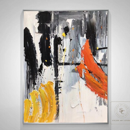 Large yellow abstract painting black and white abstract painting orange texture abstract painting shops beige abstract painting living room decor