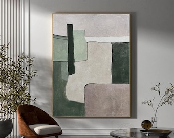 Green Beige Abstract Painting, Original Wabi-Sabi Wall Art, Large Minimalist Green Decor, Handmade Textured Canvas