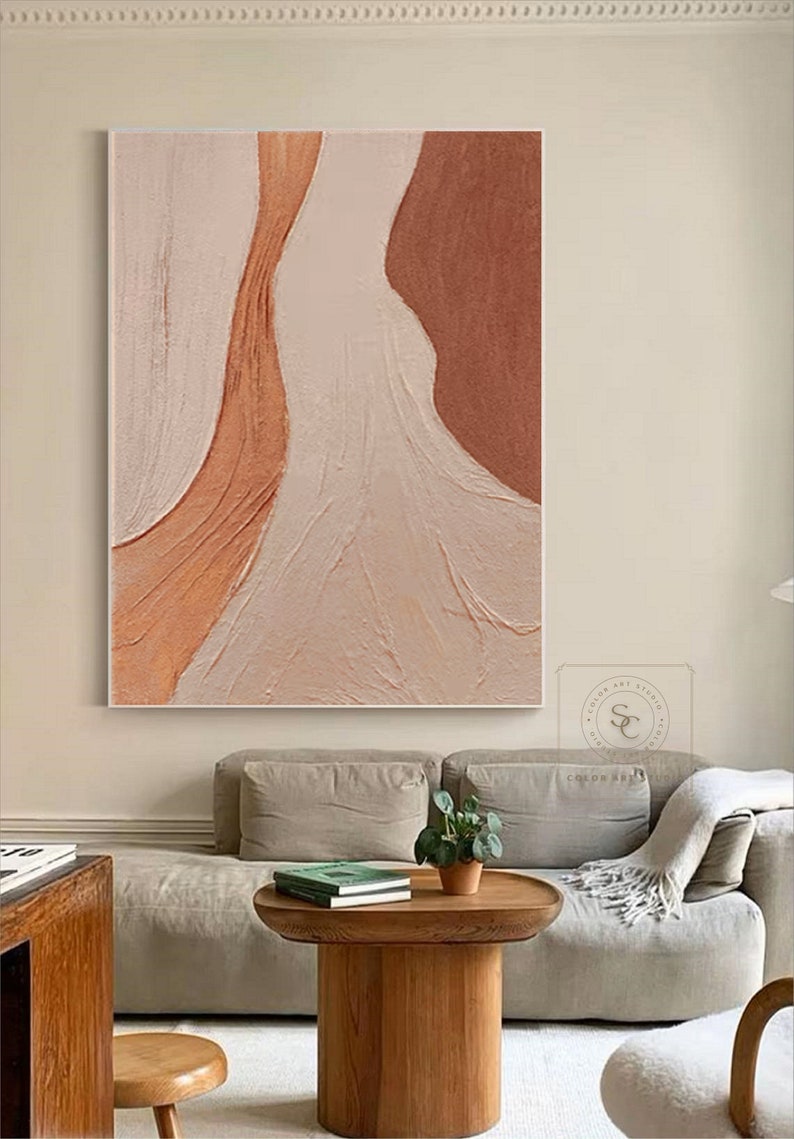 Large Brown Abstract Painting Orange Textured Art Beige Canvas Painting Brown Textured Art Modern Minimalism Painting Living Room Wall Art image 2