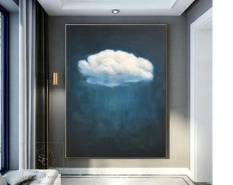 White Cloud Wall Art, Minimalist Blue Painting, Original Abstract Textured Painting, Hand-painted Canvas Art