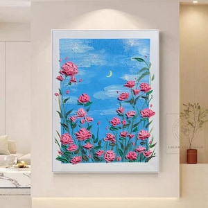 Pink Flower Painting Pink Rose Painting Flower Abstract Painting Large Flower Wall Art 3D Texture Painting Floral Wall Art Blue Oil Painting