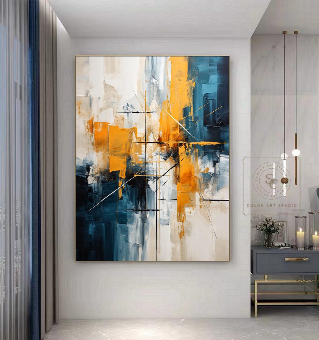 Yellow Wall Painting Blue Abstract Painting Large Textured Wall Art