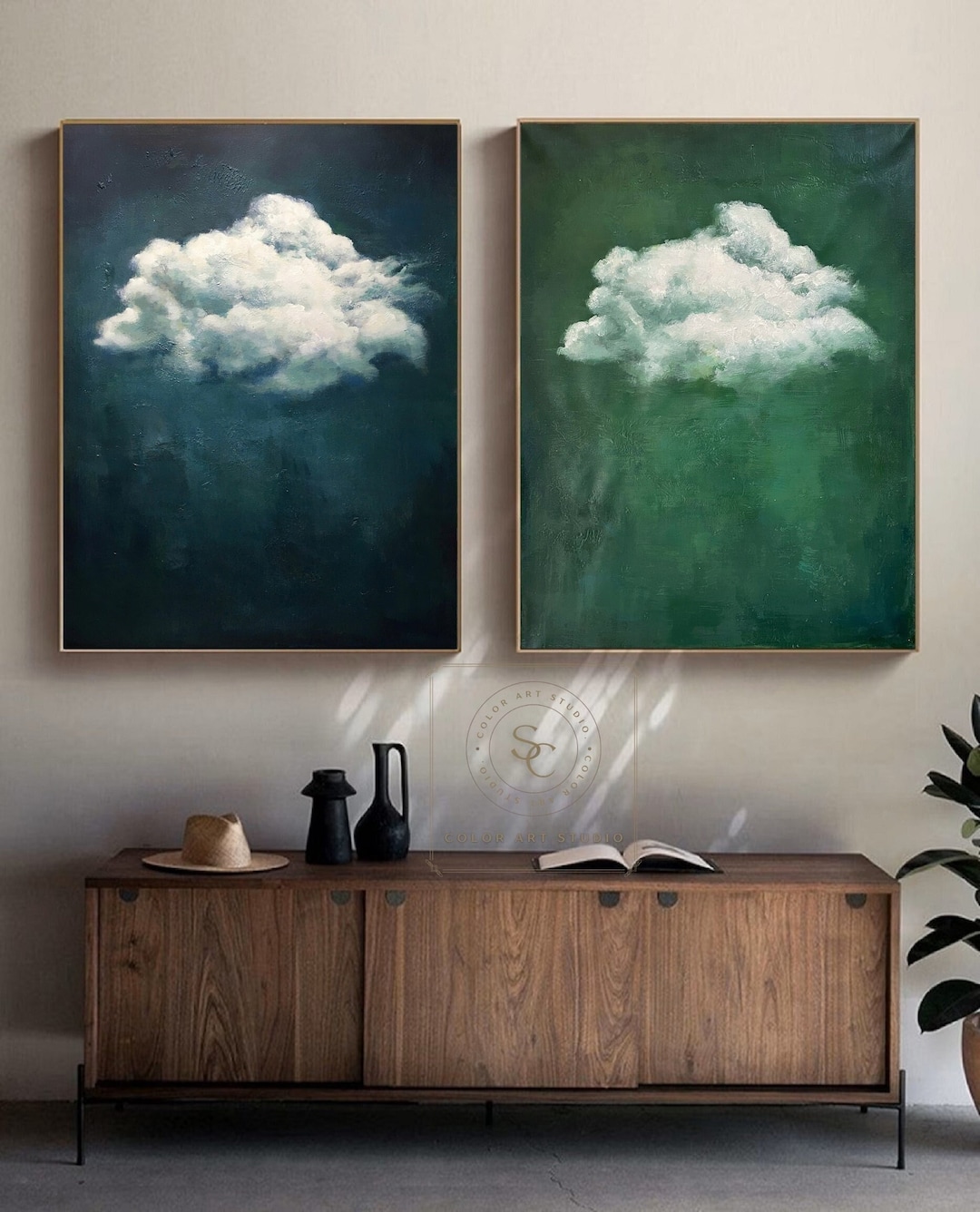 Navy Blue Abstract Painting Large Cloud Wall Art Green Canvas Painting ...