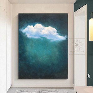 Large Green Wall Art Cloud Abstract Painting Green Minimalist Oil Painting White Cloud Wall Art Original Blue Painting Large Cloud Painting