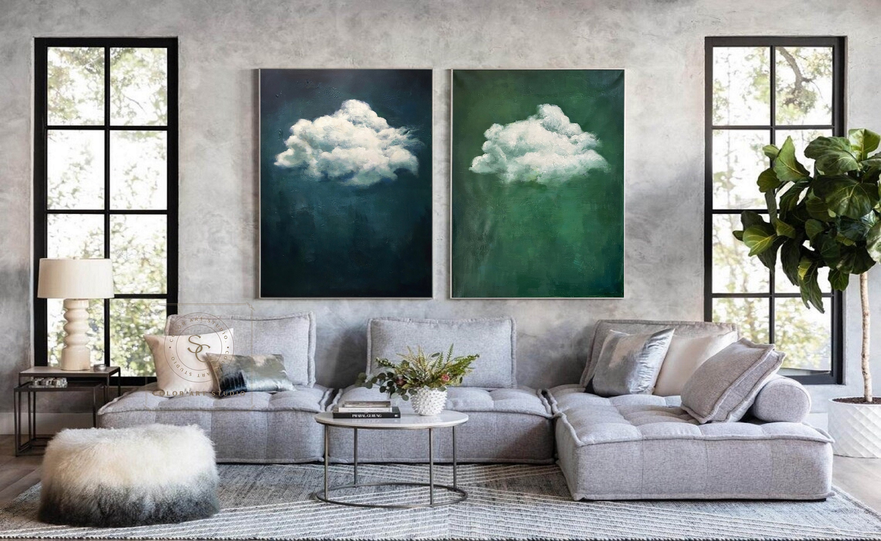 Navy Blue Abstract Painting Large Cloud Wall Art Green Canvas Painting ...