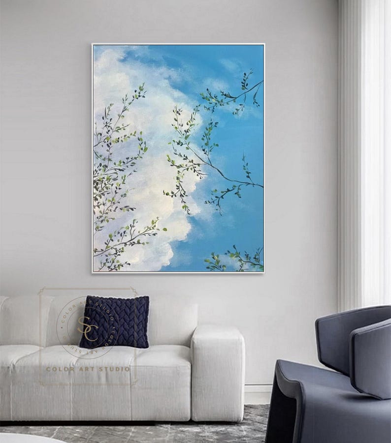 White Cloud Abstract Wall Art Large Blue Sky Canvas Painting Hand ...