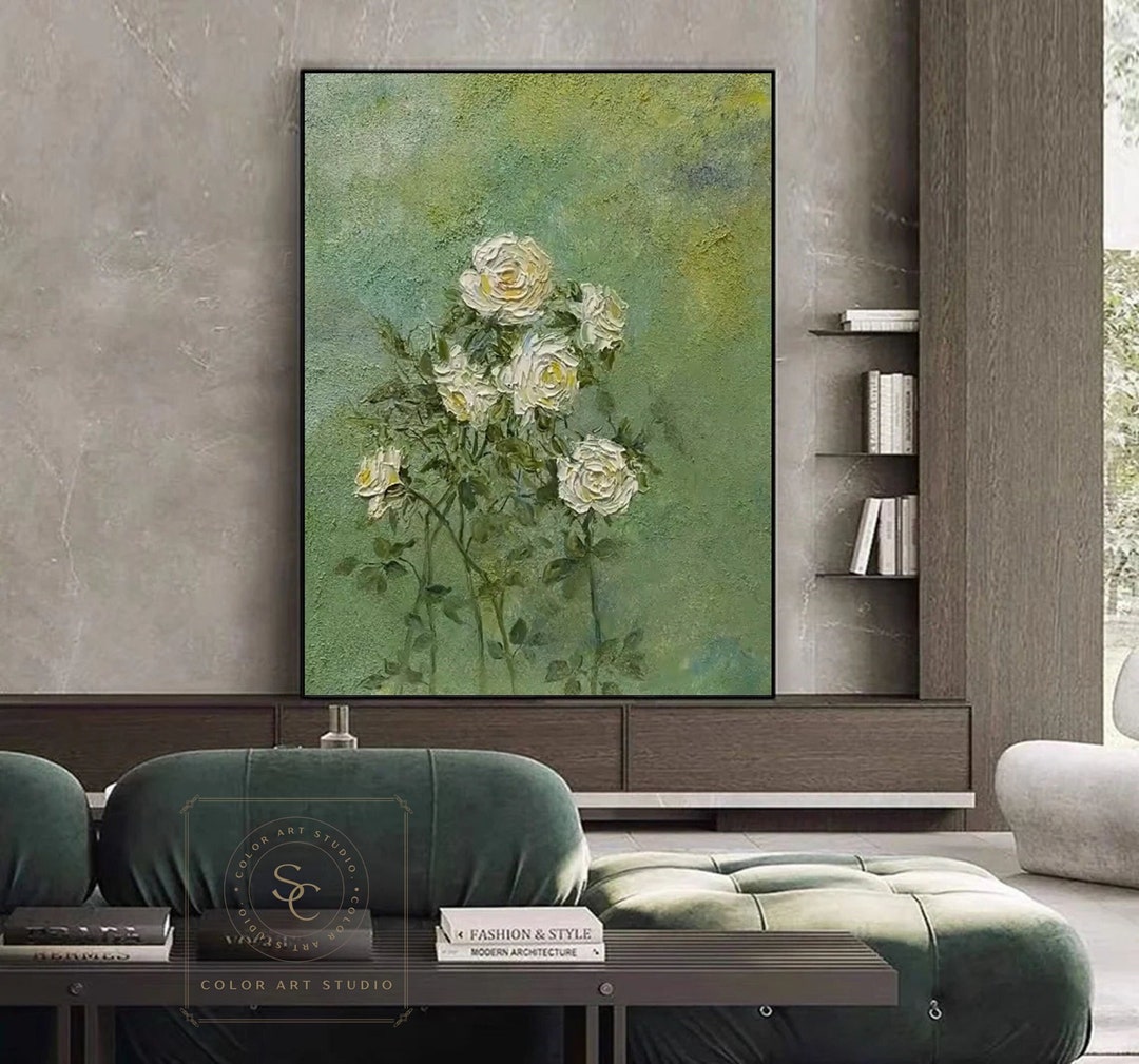 Green Roses Abstract Display Large Green Textured Art Rose Abstract Painting Green Minimalist Wall ...